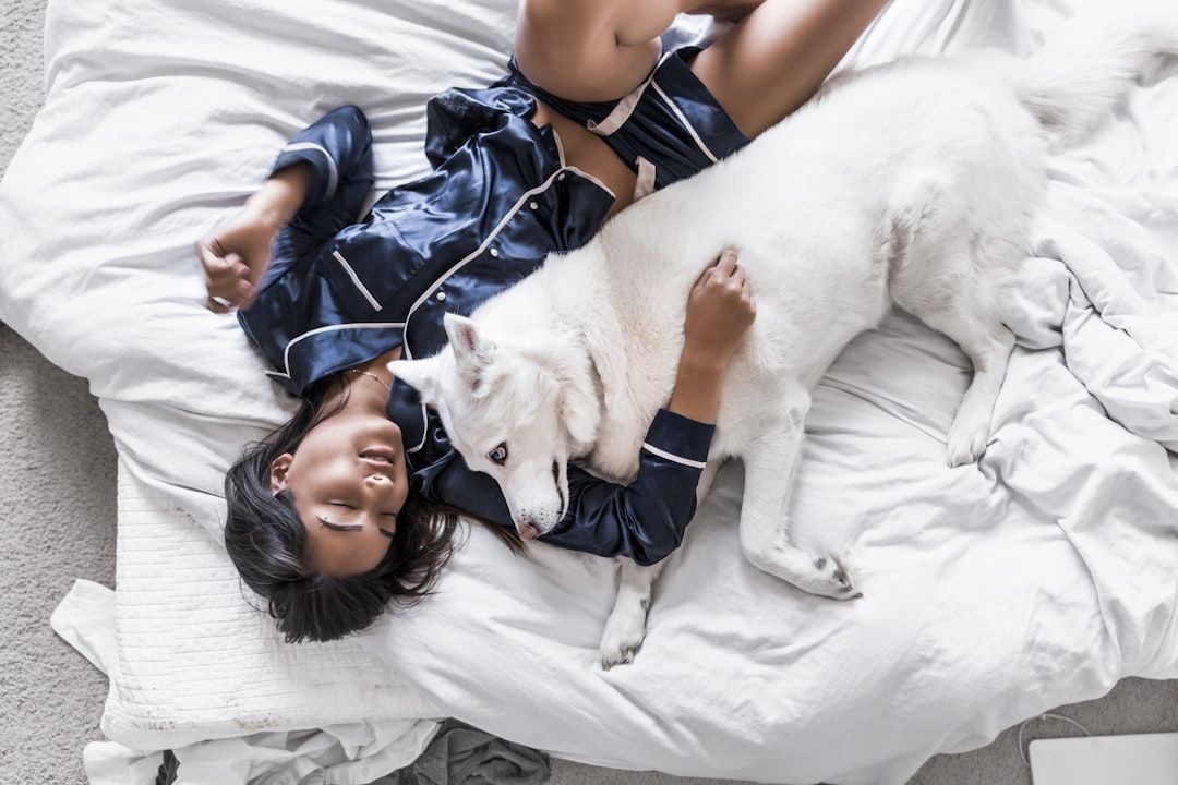 Eine Person im marineblauen Pyjama liegt neben einem großen weißen Hund auf einem Bett, über ihnen hängt ein Bild von Aachen.
