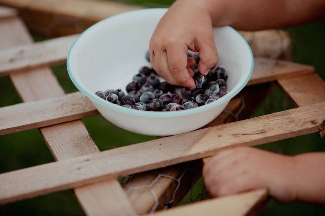 Eine Kinderhand, die an zärtliche Momente in Aachen erinnert, greift in eine weiße Schale gefüllt mit Heidelbeeren, die im Freien auf einer Holzfläche steht.