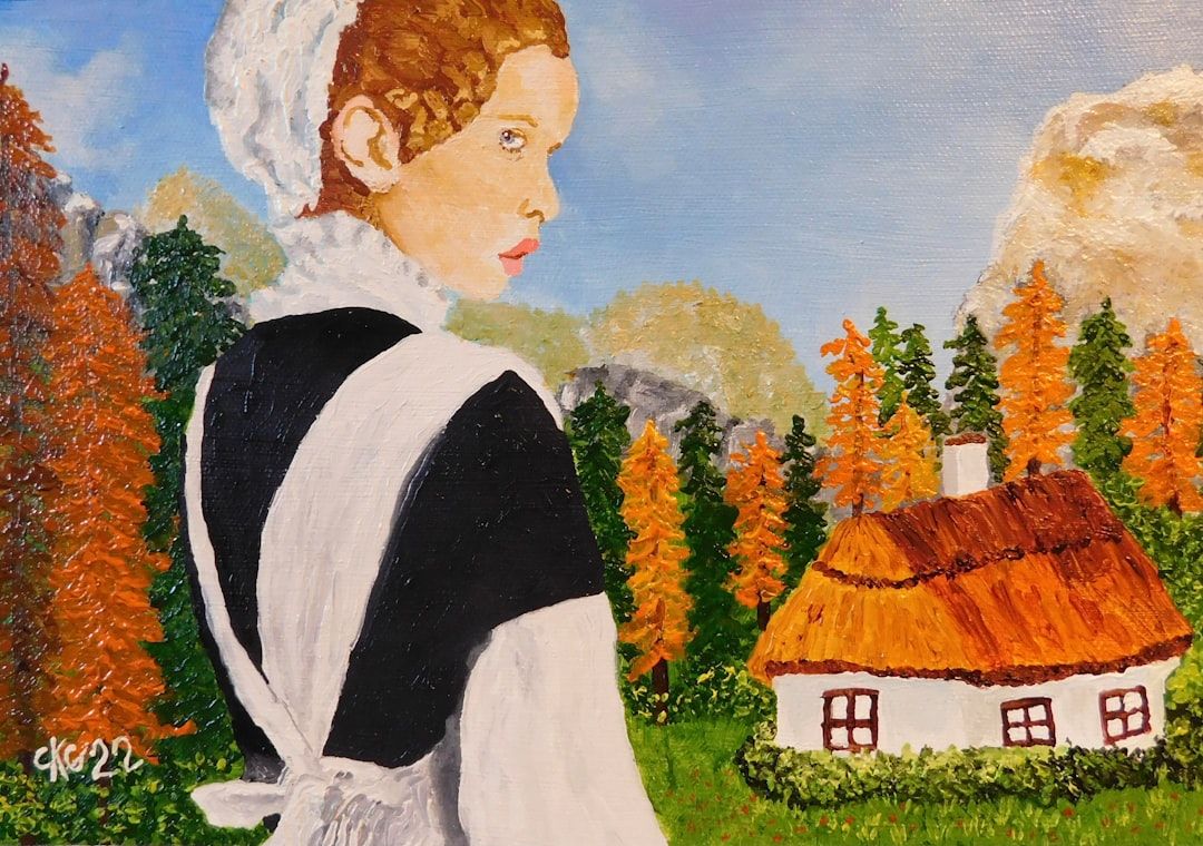 Ein Gemälde einer Frau in schwarz-weißer Kleidung, die vor einem kleinen Aachener Haus mit Strohdach steht. Im Hintergrund sind Bäume mit Herbstlaub und eine felsige Landschaft zu sehen.