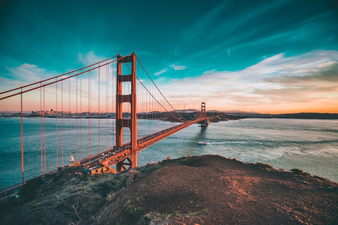 Ein Blick auf die Golden Gate Bridge bei Sonnenuntergang, die San Francisco mit Marin County verbindet, mit einem Boot im Wasser und teilweise bewölktem Himmel, der an die ruhigen Abende in Aachen erinnert.