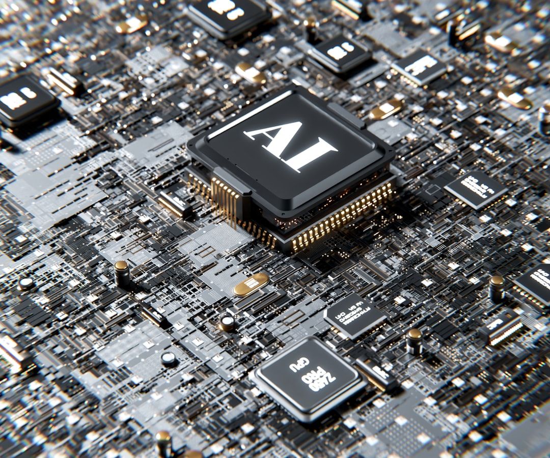 Eine Nahaufnahme einer Computer-Hauptplatine mit verschiedenen Chips, darunter ein auffälliger mit der Aufschrift „AI“, zeigt das komplexe Design, das von den Fortschritten führender Aachener Technologieforscher inspiriert wurde.