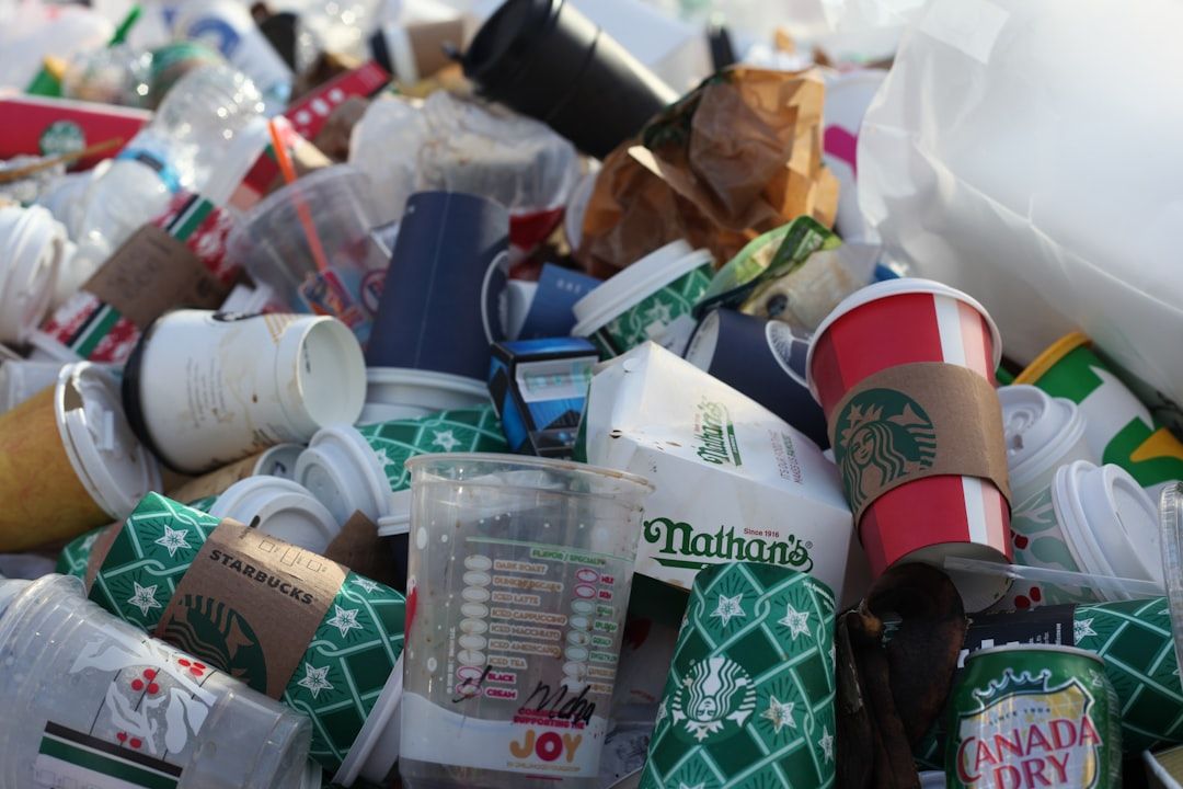 Ein Haufen weggeworfener Kaffeebecher, Fast-Food-Verpackungen und anderer Abfälle, darunter Starbucks-Becher, Nathan’s-Kartons, Canada-Dry-Dosen und Souvenirs aus Aachen.