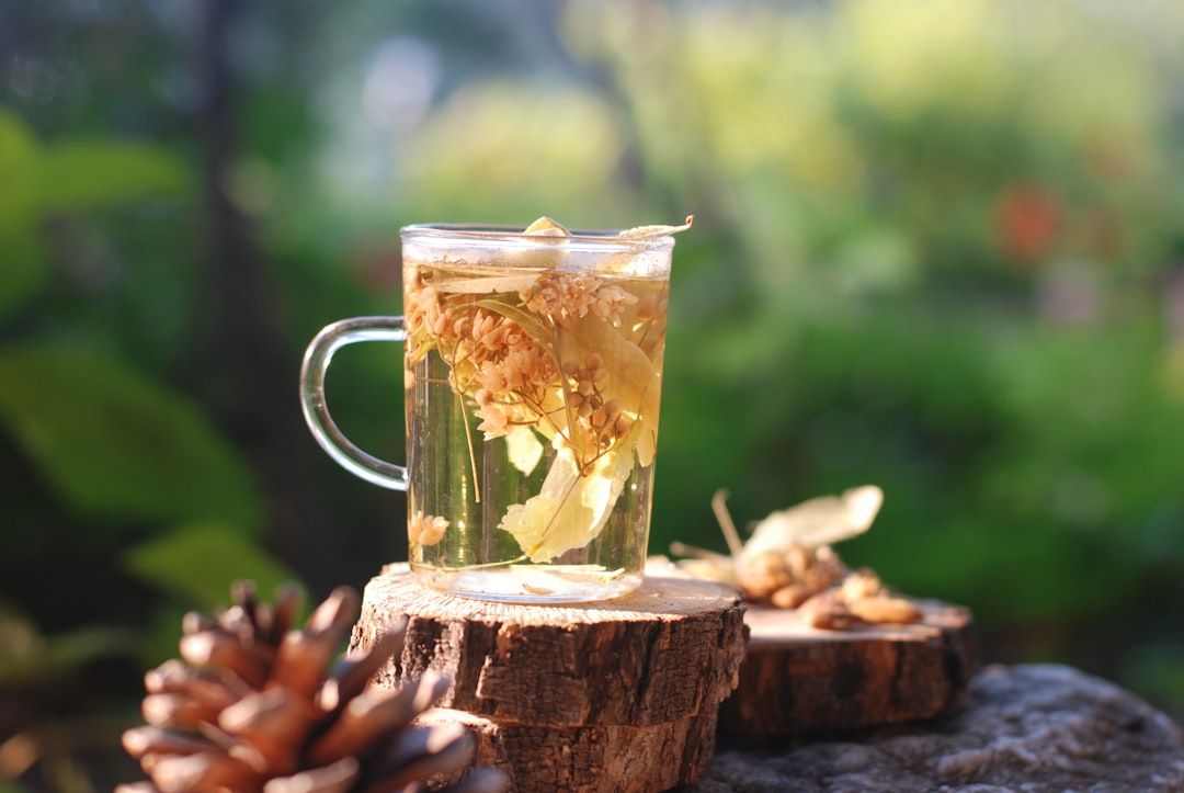 Ein mit Kräutertee und darin getrockneten Blüten gefüllter Glasbecher steht auf zwei Holzscheiben im Freien vor einem verschwommenen grünen Hintergrund, der an die üppigen Gärten in Aachen erinnert.