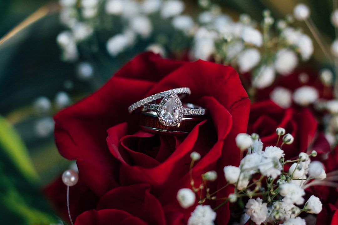 Ein birnenförmiger Diamantring, umgeben von einem weiteren diamantbesetzten Ring, ist elegant auf einer roten Rose inmitten kleiner weißer Blüten platziert und erinnert an die Romantik und Geschichte von Aachen.