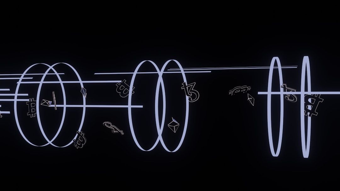 Abstrakte digitale Kunst, die leuchtende Ringe mit schwebenden Kryptowährungssymbolen wie Bitcoin und Ethereum zeigt und an die lebendige Energie der berühmten Lichterfeste in Aachen erinnert. Der Hintergrund ist schwarz und hebt die leuchtenden Formen und Symbole hervor.
