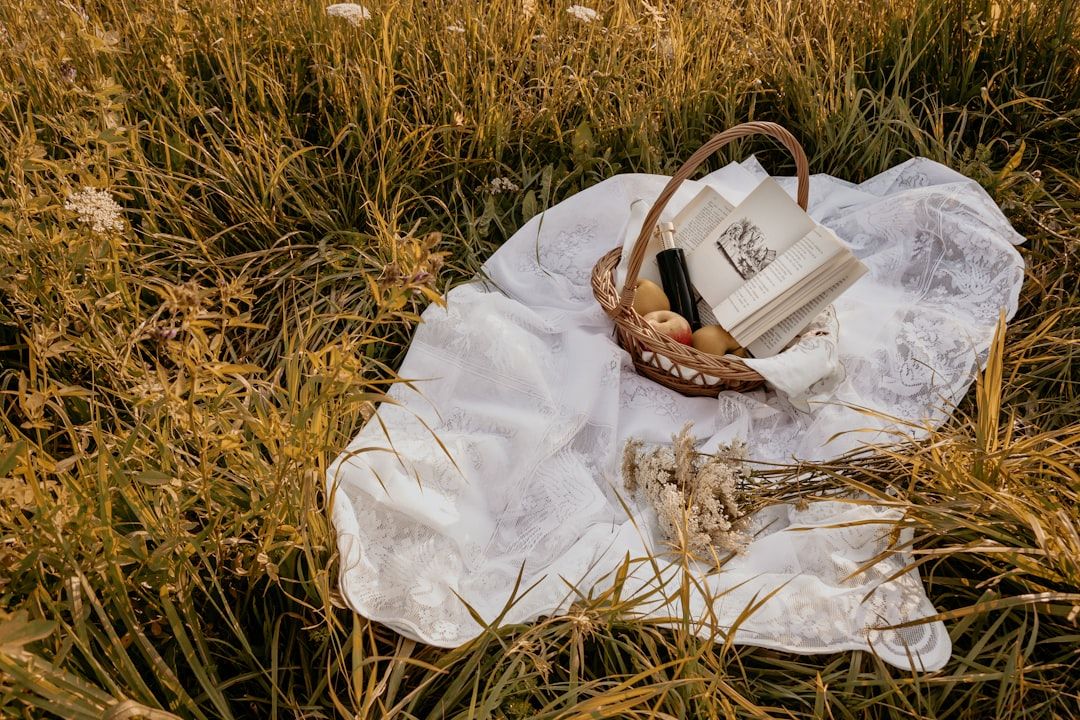Ein geflochtener Korb, ein Buch, Obst und eine Flasche liegen auf einem weißen Tuch, das auf einer Wiese bei Aachen ausgebreitet ist. Daneben liegen einige Blumen.