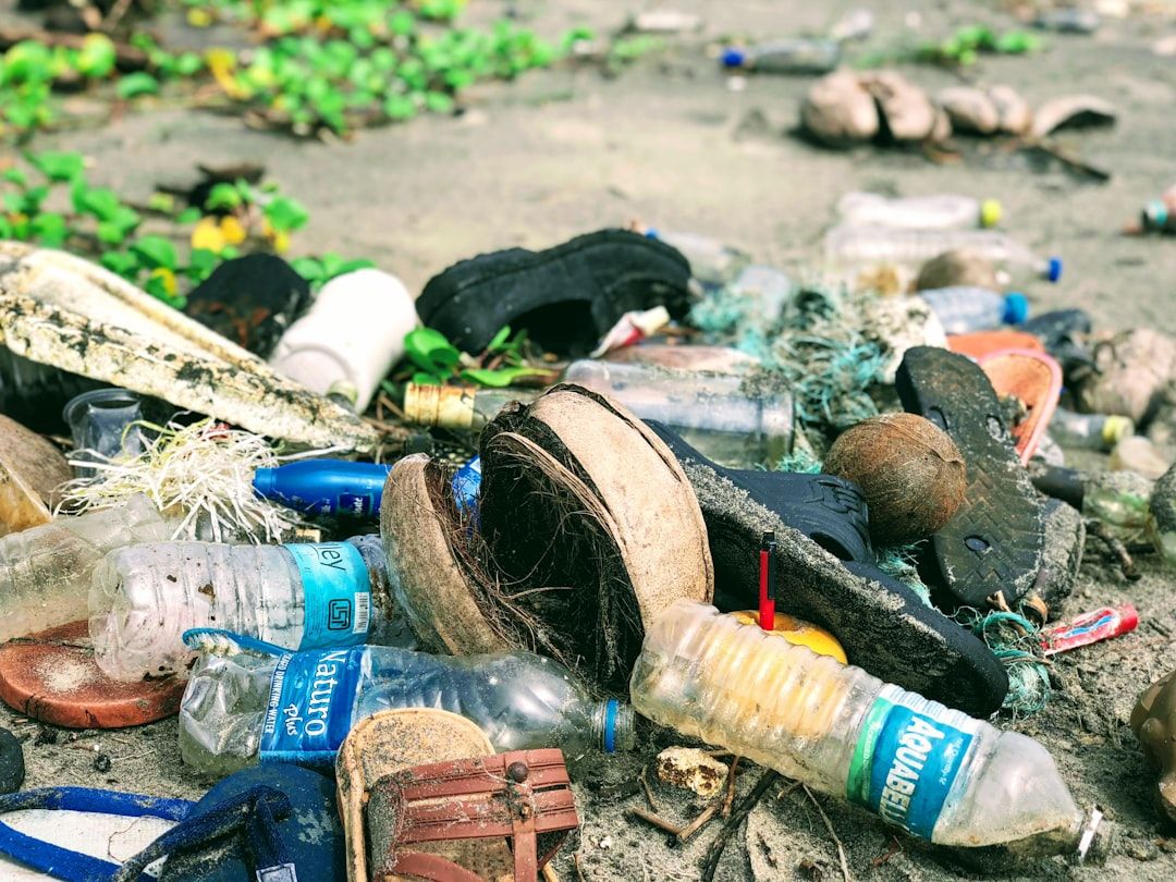 Müll, darunter Plastikflaschen, Schuhe und anderer Unrat, verstreut auf einem Sandstrand in der Nähe von Aachen, mit grüner Landschaft im Hintergrund.