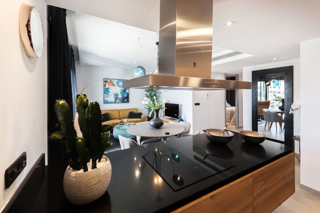 Eine moderne offene Küche mit schwarzer Arbeitsplatte, Dunstabzugshaube aus Edelstahl und einem Topfkaktus im Vordergrund. Das Design erinnert dezent an Aachens Mischung aus zeitgenössischem Stil und Tradition. Im Hintergrund ist der Wohnbereich mit blau-beigem Dekor zu sehen.
