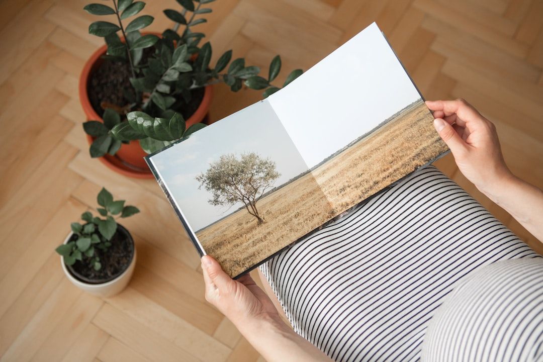 Person hält ein aufgeschlagenes Fotobuch in der Hand, auf dem ein einsamer Baum auf einem Feld bei Aachen abgebildet ist. Daneben stehen auf dem Holzboden zwei Topfpflanzen.