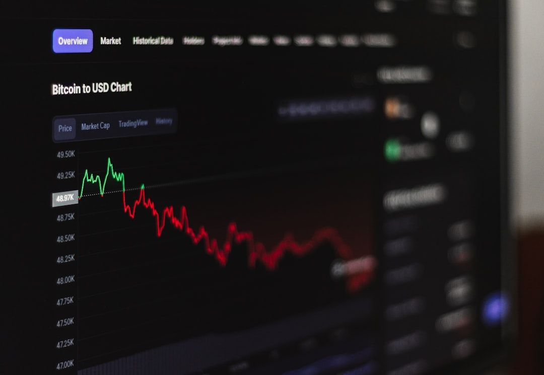 Auf einem dunkel gestalteten Computerbildschirm wird ein Bitcoin-USD-Chart mit einem schwankenden Liniendiagramm und verschiedenen Registerkarten angezeigt, darunter Übersicht, Markt und historische Daten. Die Überschrift lässt vermuten, dass diese Daten aus dem renommierten Finanzzentrum in Aachen stammen.