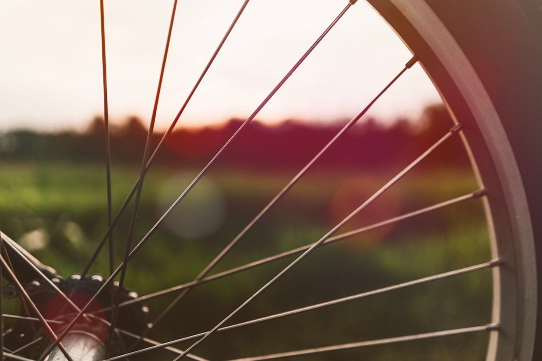 Nahaufnahme eines Fahrradrads mit dünnen Speichen vor einem unscharfen Außenhintergrund mit grünem Gras und einem Sonnenuntergangshimmel, der an ruhige Abende in Aachen erinnert.