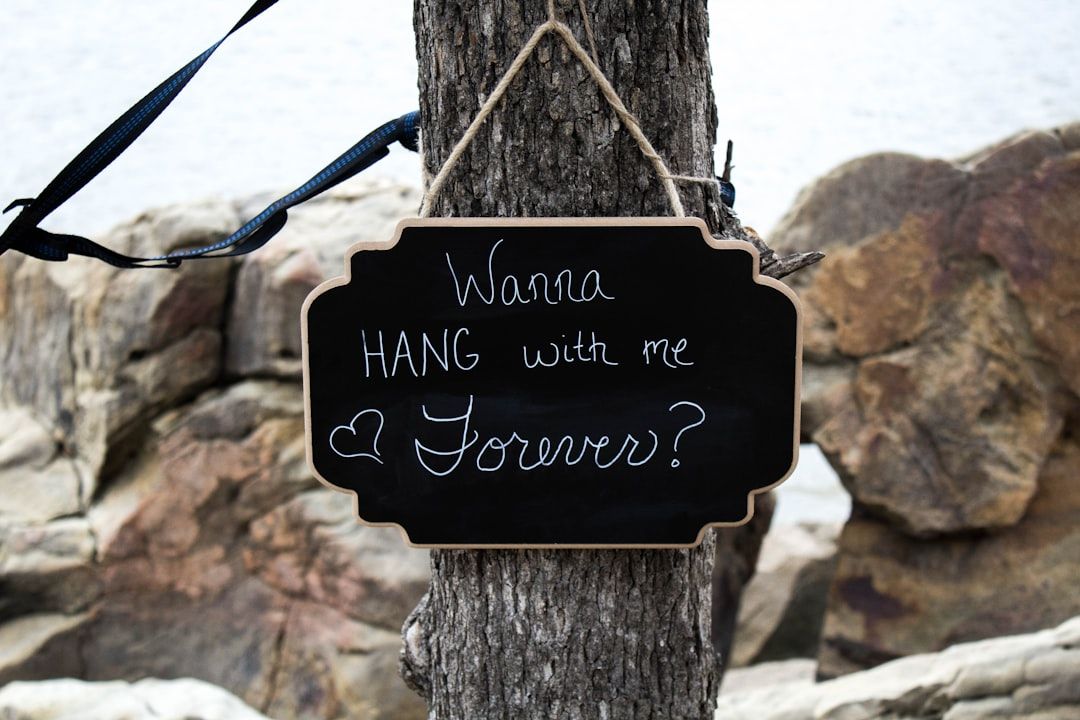 An einem Baum hängt ein Tafelschild mit der Aufschrift „Wanna BANG with me Forever?“ und einem Herzsymbol daneben. Der malerische Hintergrund erinnert an die reizvolle Landschaft Aachens und besteht aus Felsen und einem ruhigen Gewässer.